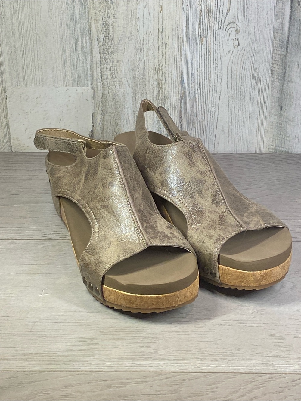 Metallic Taupe Cork Slingback Wedges
